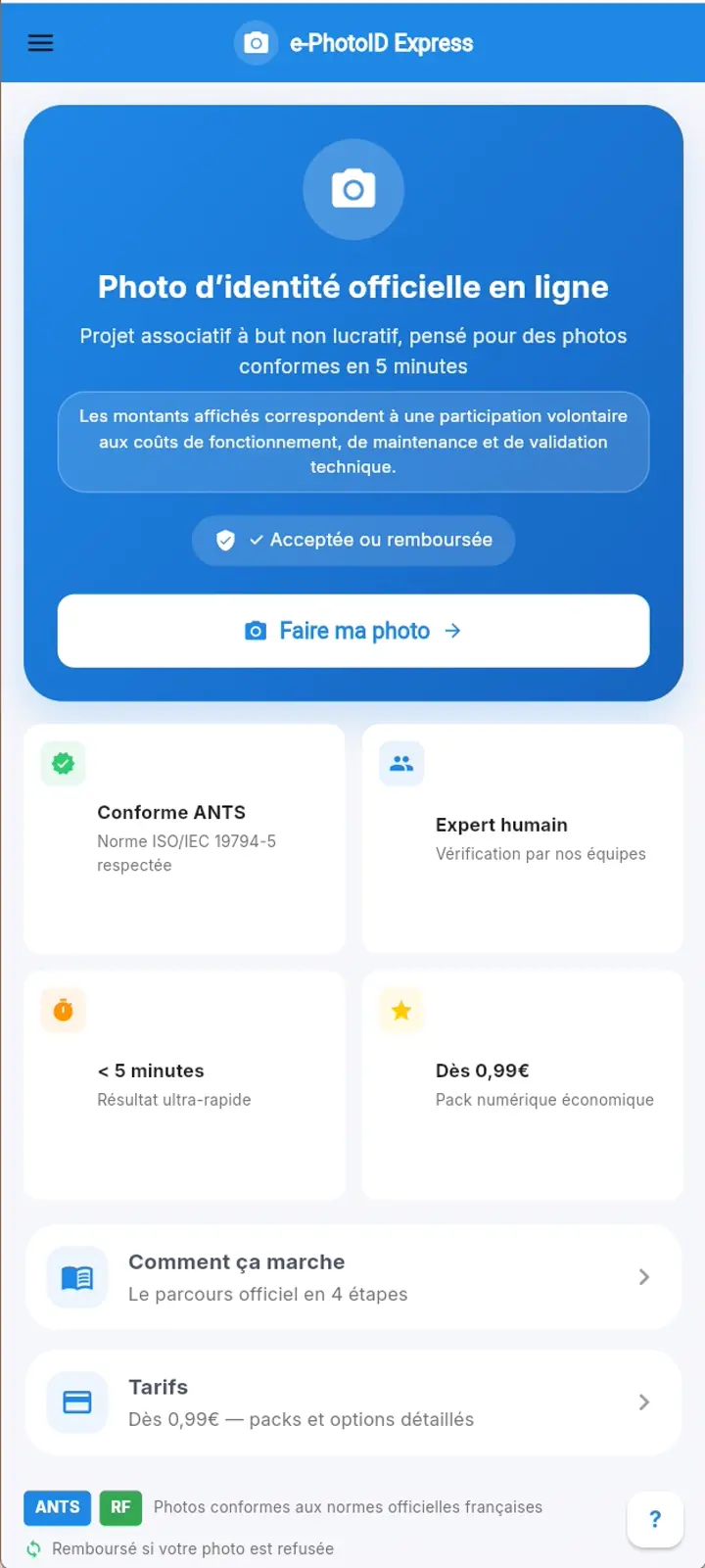 Aperçu de l'écran d'accueil de e-PhotoID Express affichant les types de photos d'identité disponibles : ANTS, passeport, visa, permis de conduire.