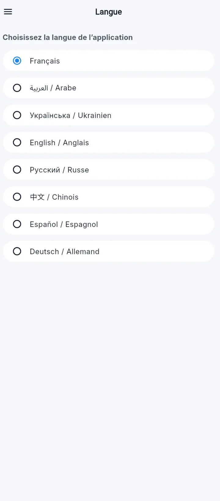 Aperçu de l'écran de sélection des langues : français, arabe, ukrainien, anglais, russe, chinois, espagnol, allemand.