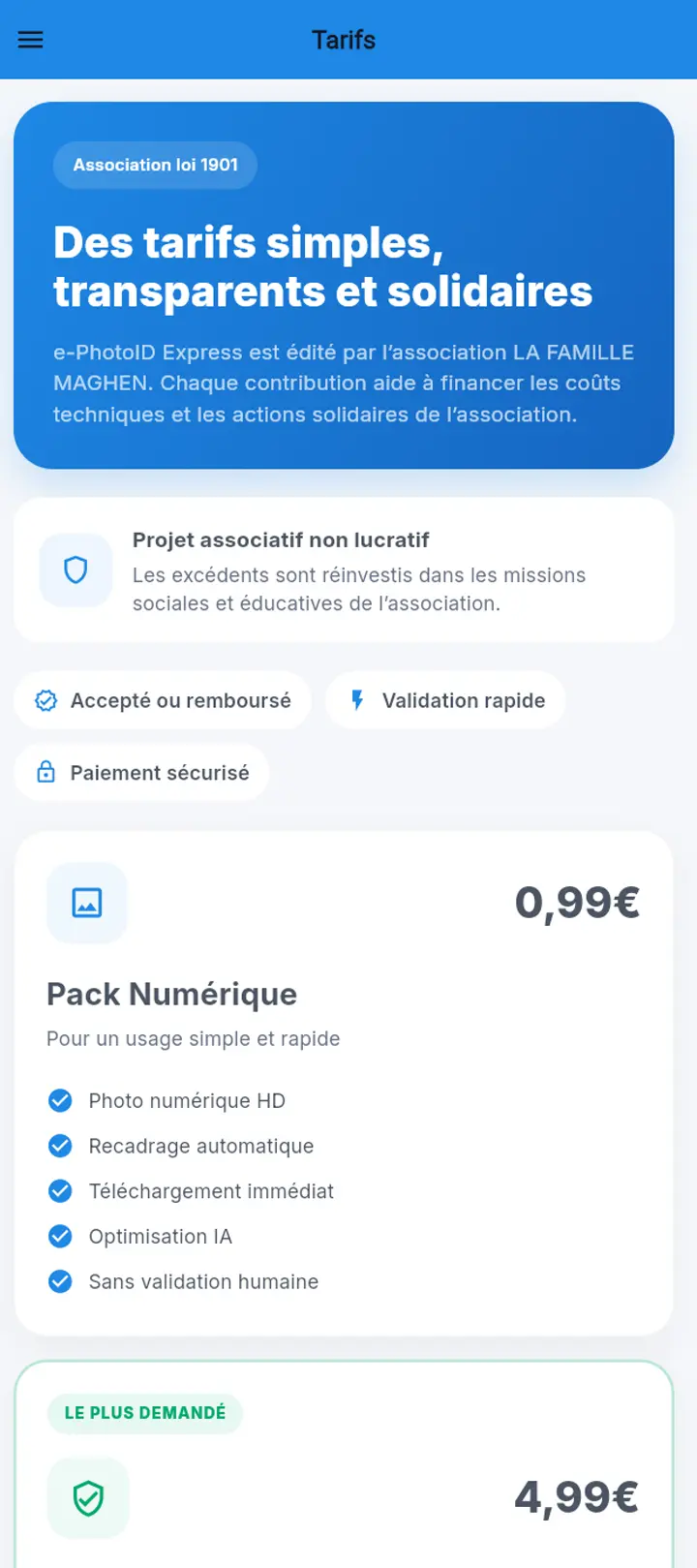Aperçu de l'écran des tarifs : Pack Numérique 0,99 €, Pack Standard ANTS 4,99 €, Pack Impression et Livraison 9,99 €.